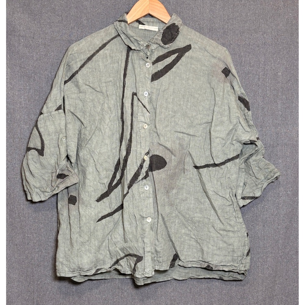 Made in Italy 100% Linen Abstract Print Button Up Shirt Sage Green Lagenlook OS